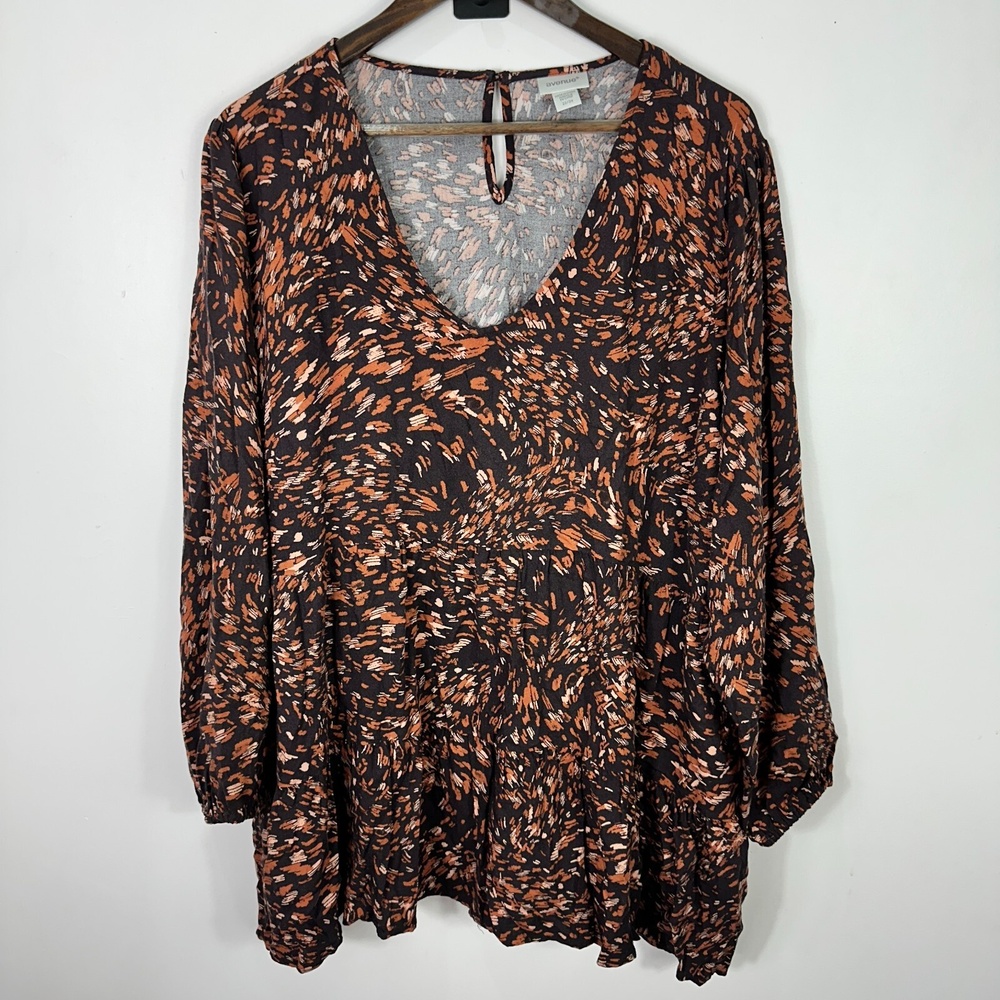 Avenue Top 22/24W Brown Rust Abstract Boho Tunic Peplum Blouse Pockets Flowy‎